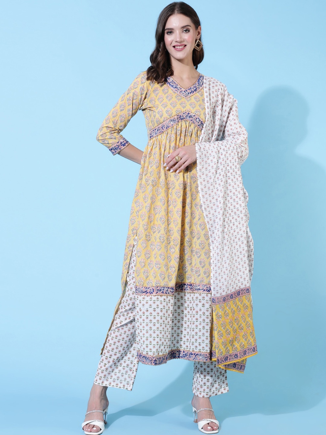 

WOMENCLICK Ethnic Motifs Printed V-Neck Pleated A-Line Kurta with Trouser & Dupatta, Yellow