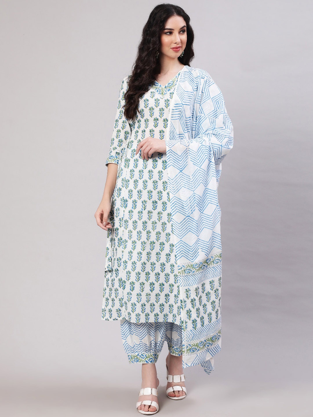 

WOMENCLICK Ethnic Motifs Printed V-Neck Straight Kurta with Salwar & Dupatta, Blue