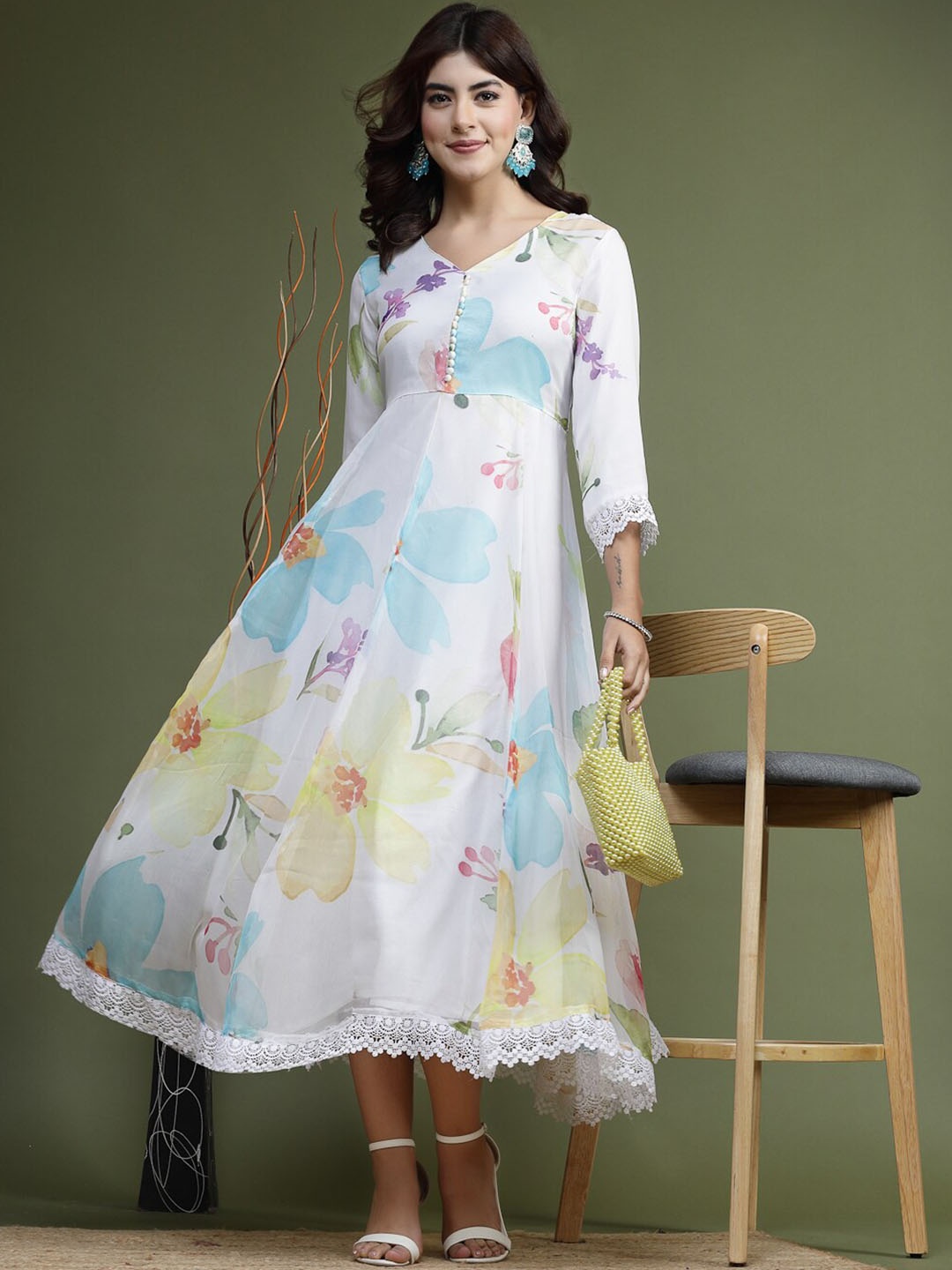 

Sangria Floral Printed Fit & Flare Ethnic Dress, White