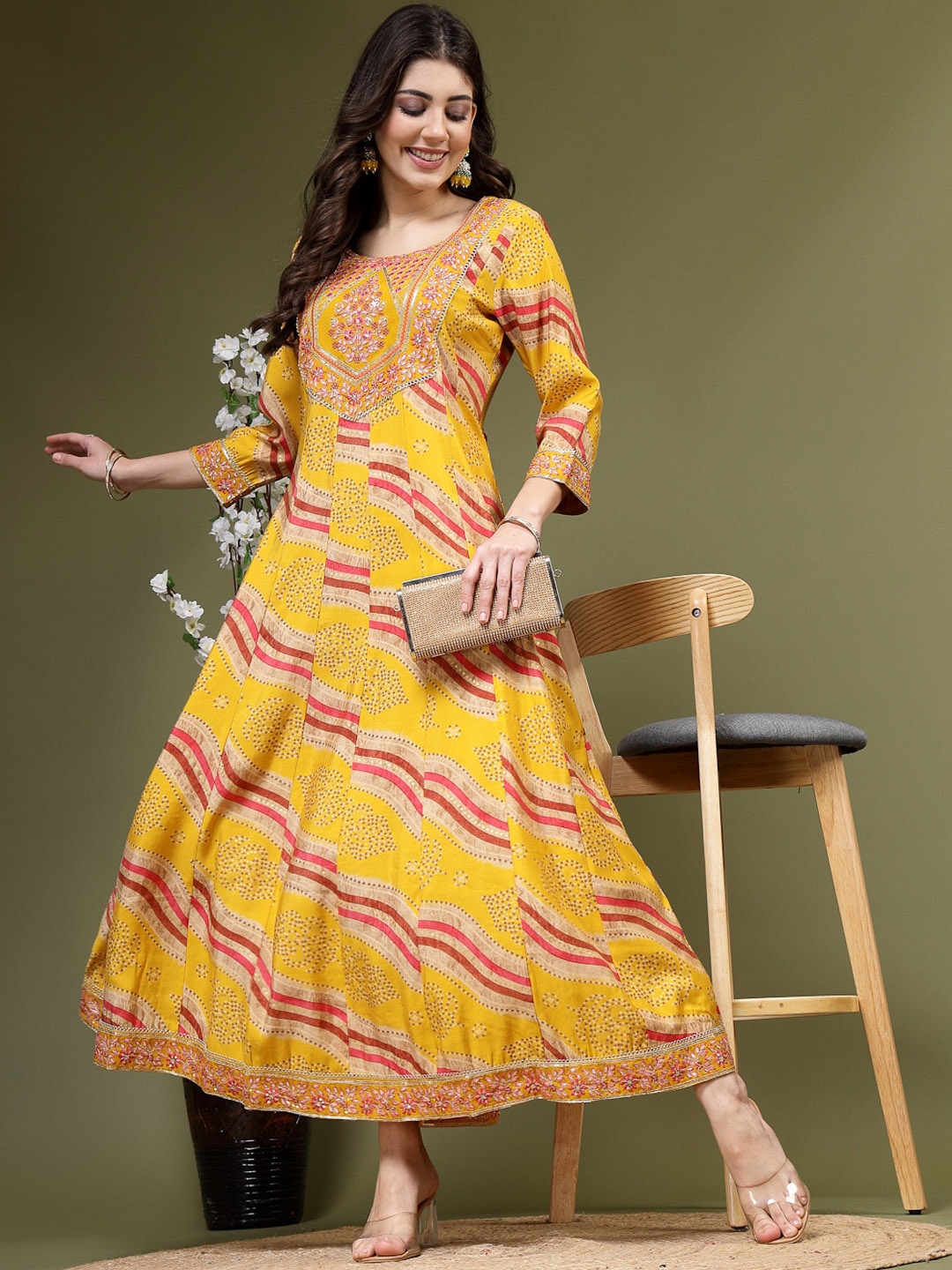 

Sangria Ethnic Motifs Printed Sequined Fit & Flare Ethnic Dress, Mustard