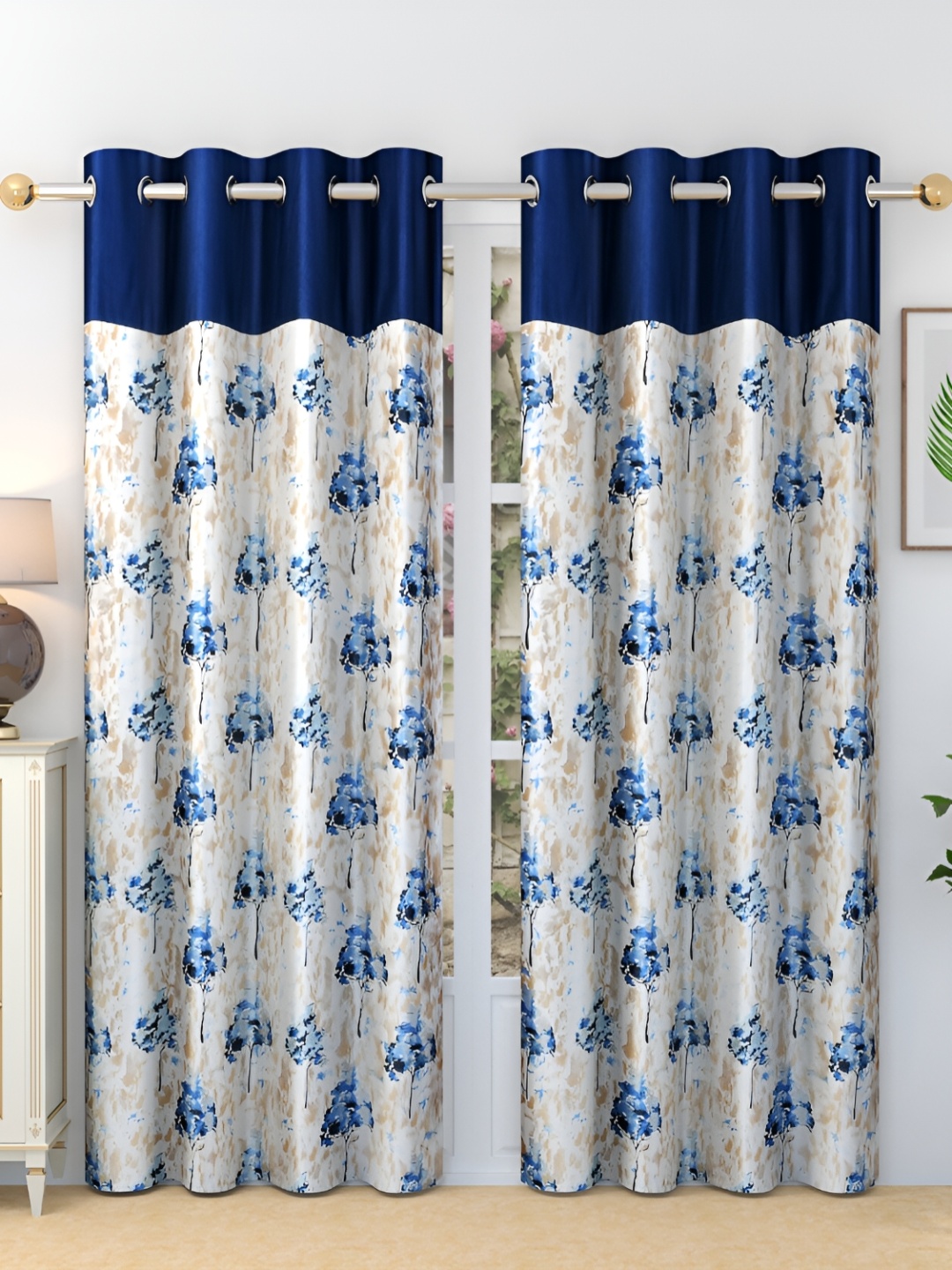 

Ville Style Blue & White 2 Pieces Floral Room Darkening Long Door Curtains
