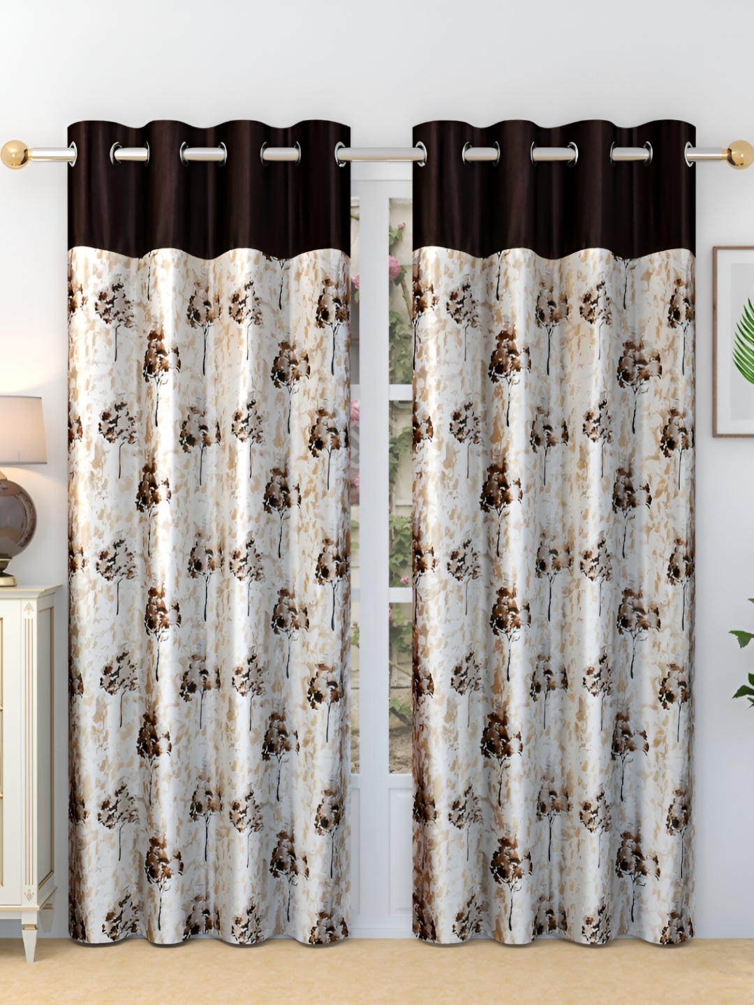 

Ville Style Brown & White 2 Pieces Floral Room Darkening Door Curtains