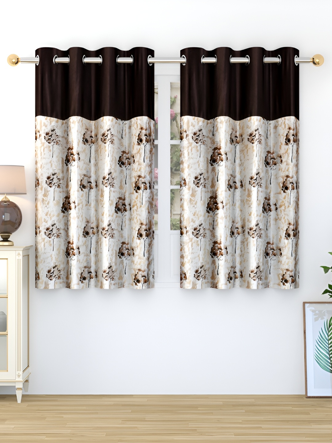 

Ville Style Brown & Beige 2 Pieces Floral Room Darkening Window Curtains
