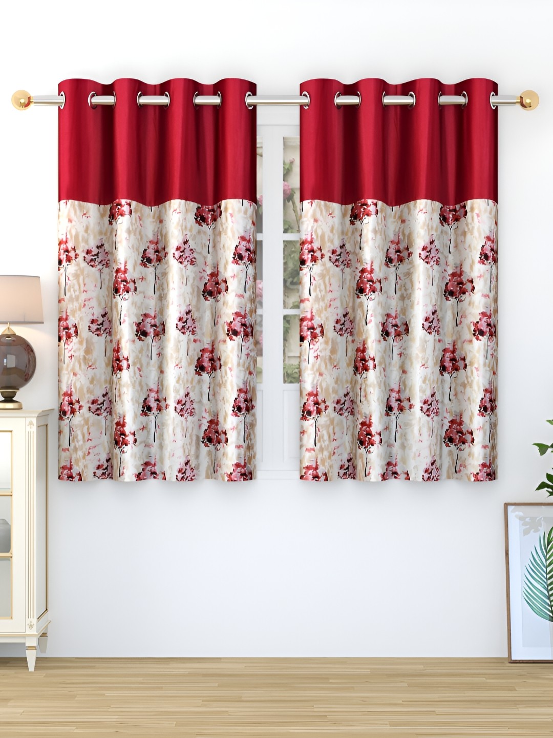 

Ville Style Maroon & Beige 2 Pieces Floral Room Darkening Window Curtains