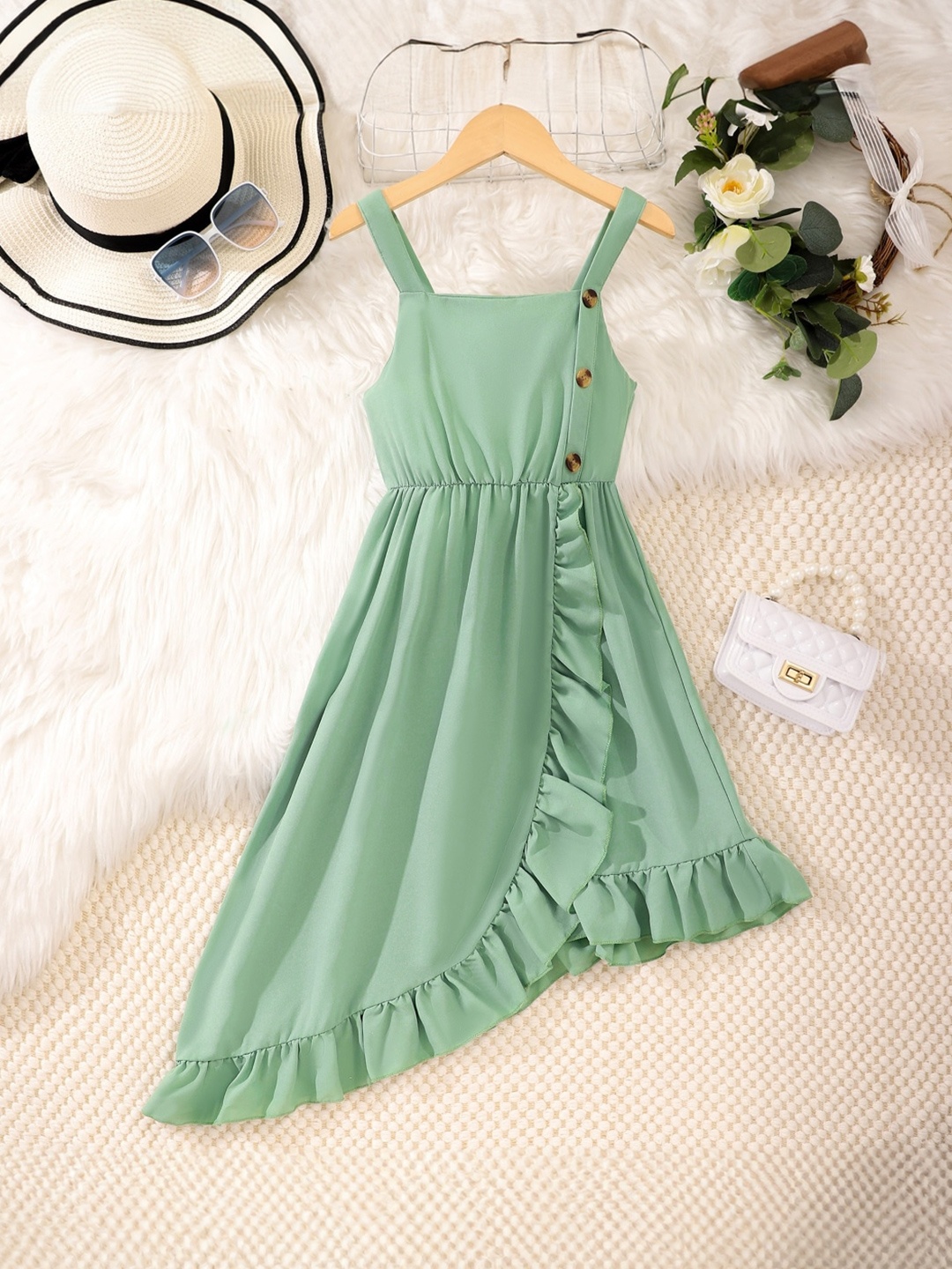 

StyleCast Girls Green Shoulder Straps Ruffles Asymmetric Fit & Flare Dress