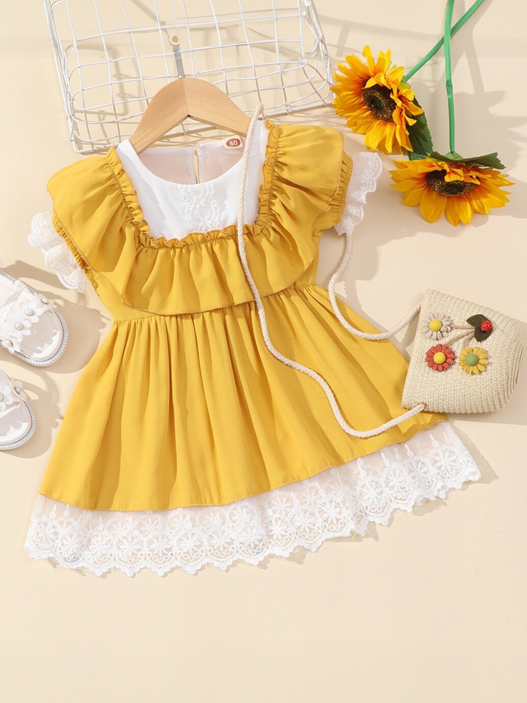 

StyleCast Girls Yellow Ruffled Lace Detail Puff Sleeves A-Line Dress