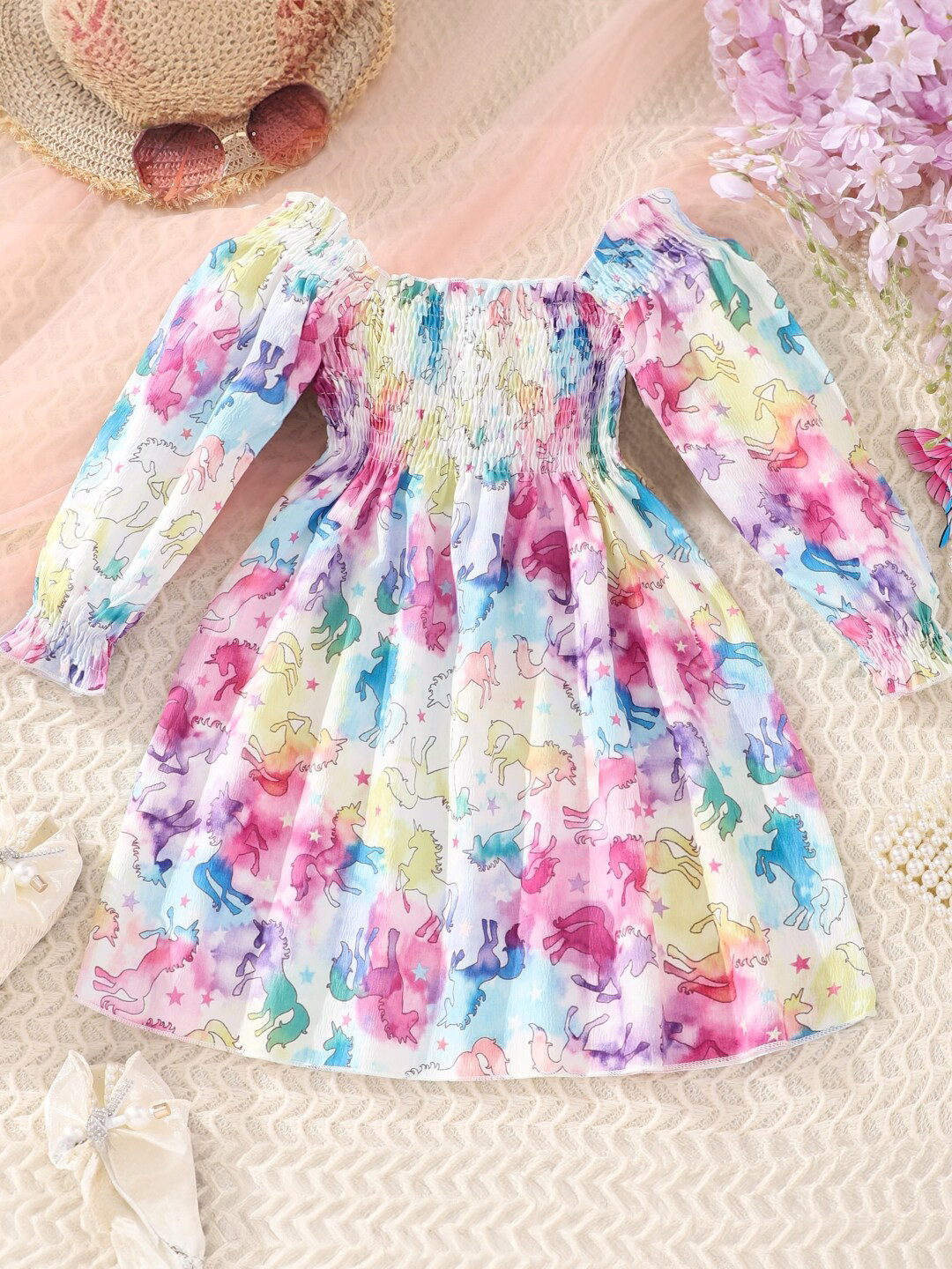 

StyleCast Girls Pink & Yellow Unicorn Printed Gathered Smocked Fit & Flare Dress