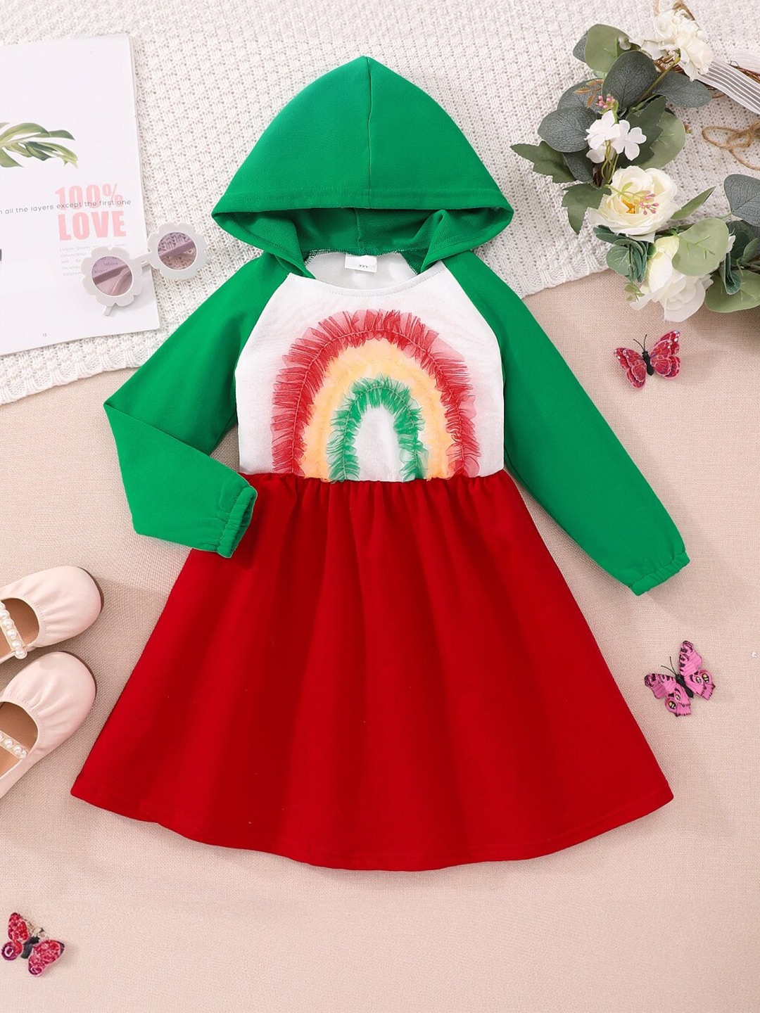 

StyleCast Girls Red & Green Colourblocked Hooded Cotton A-Line Dress