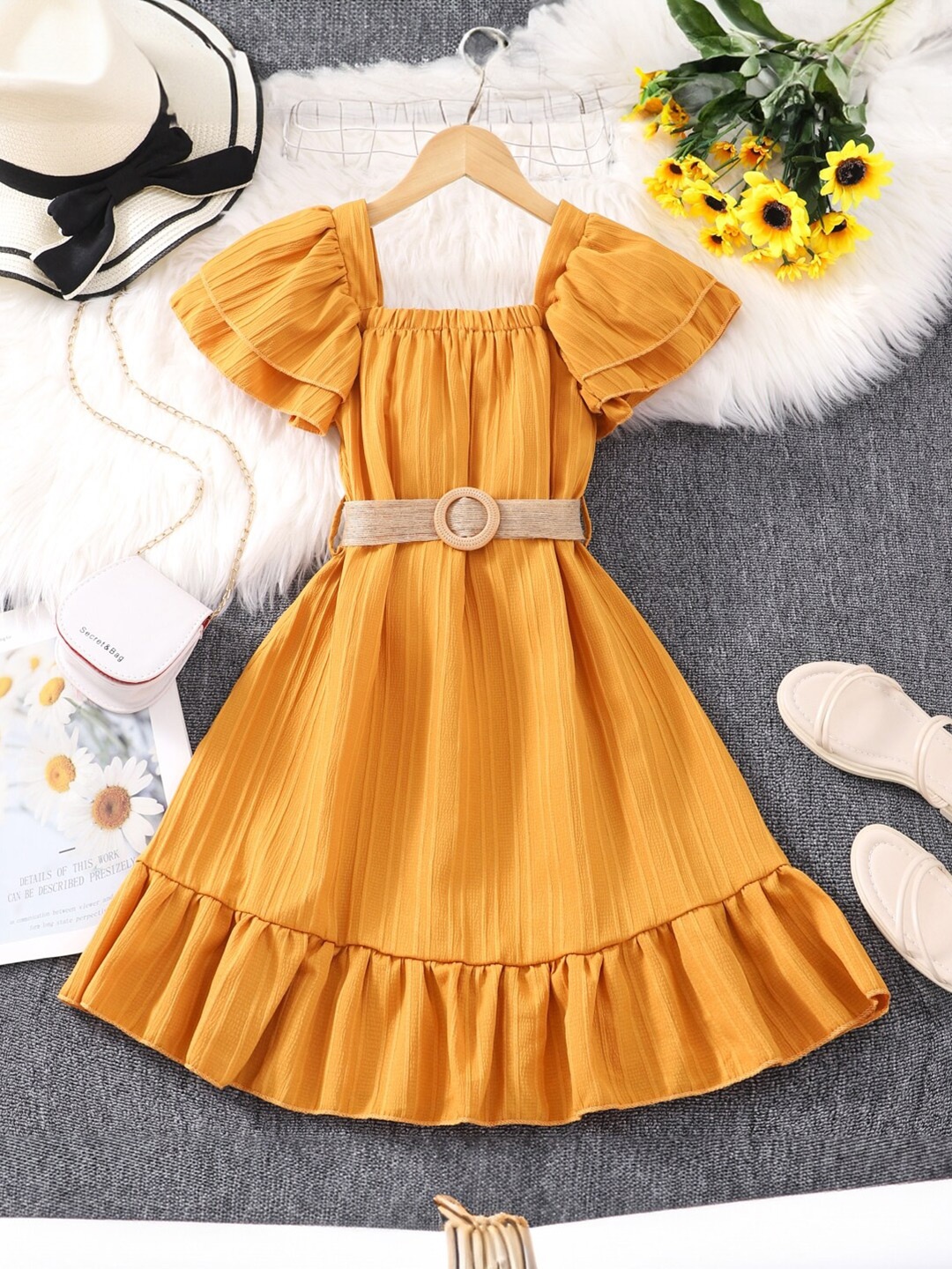 

StyleCast Girls Yellow Self Design Belted A-Line Dress