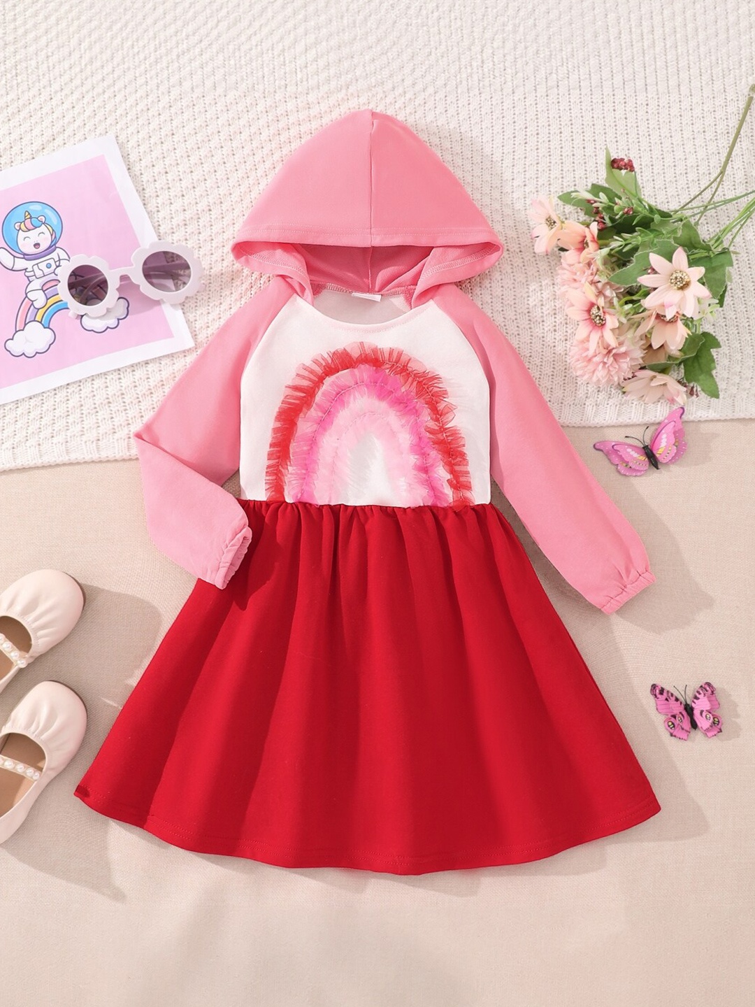 

StyleCast Pink Girls Colourblocked Ruffled Hood Fit & Flare Dress