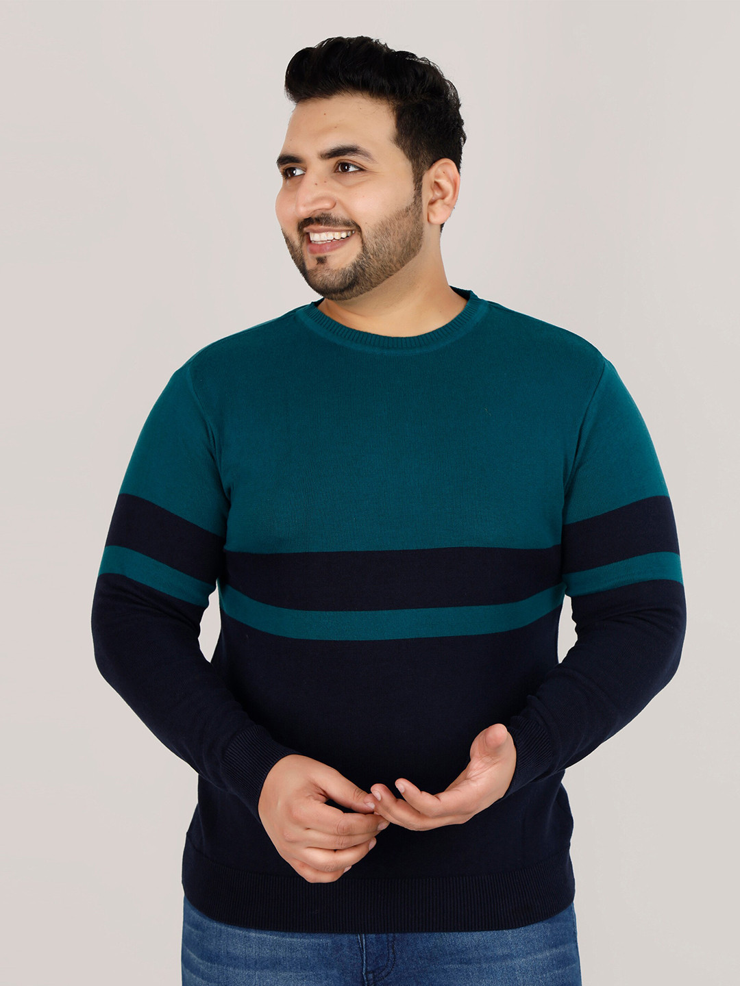 

Sztori Plus Size Colourblocked Pullover Cotton Sweater, Turquoise blue
