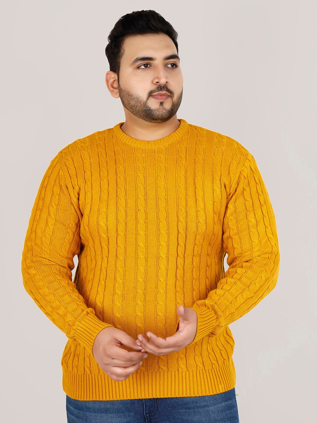 

Sztori Plus Size Cable Knit Cotton Pullover Sweater, Mustard