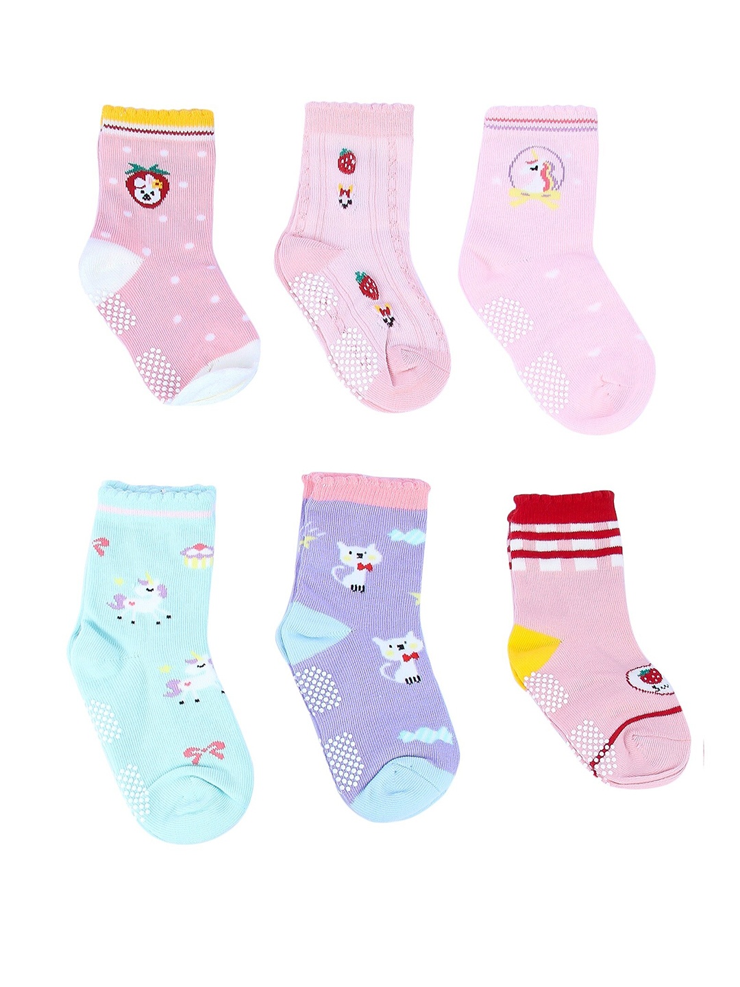 

NEOBABY Kids Pack Of 6 Patterned Anti Slip Ankle-Length Cotton Socks, Pink
