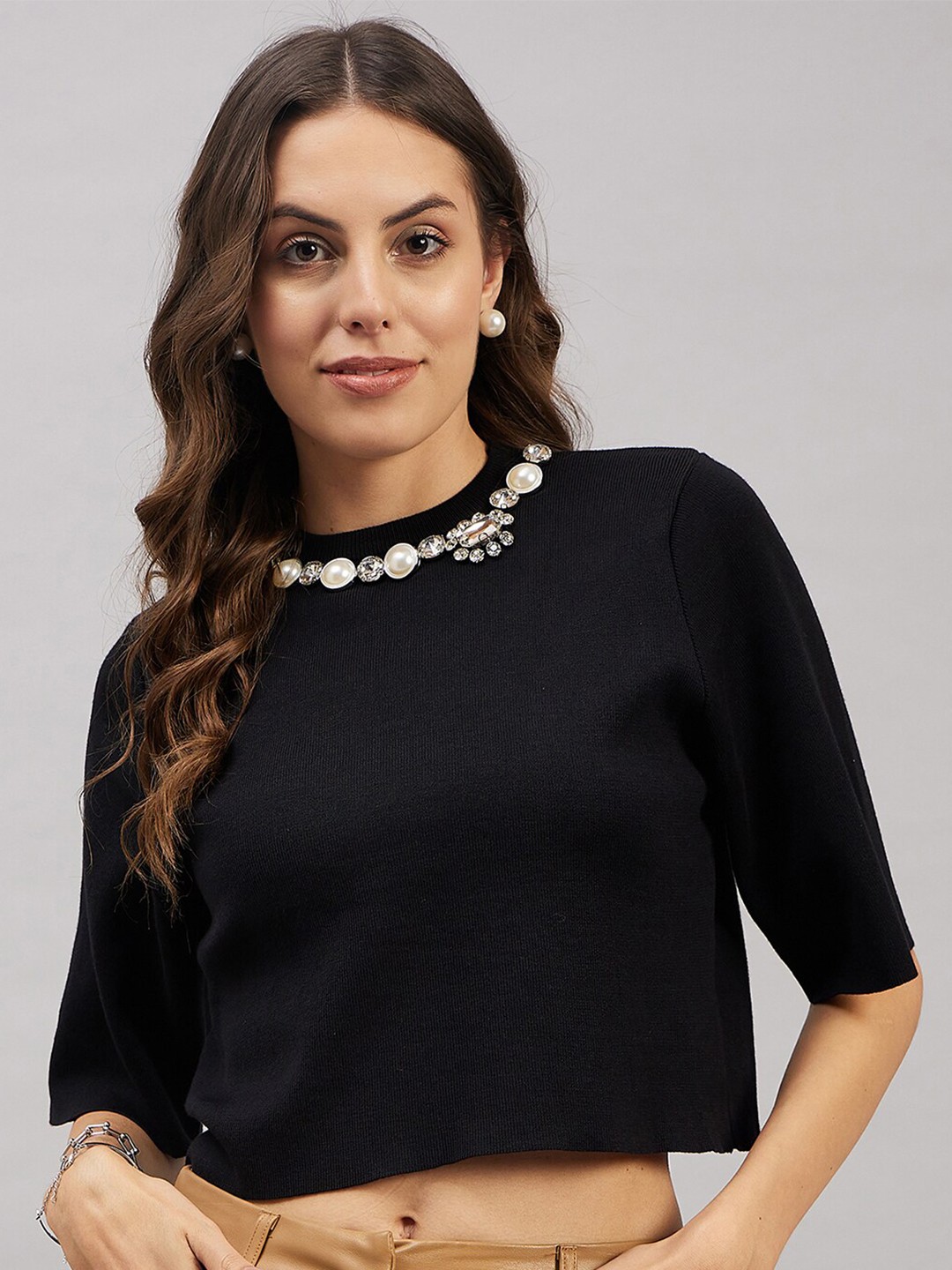 

Chemistry Jewel Neck Woollen Crop Top, Black