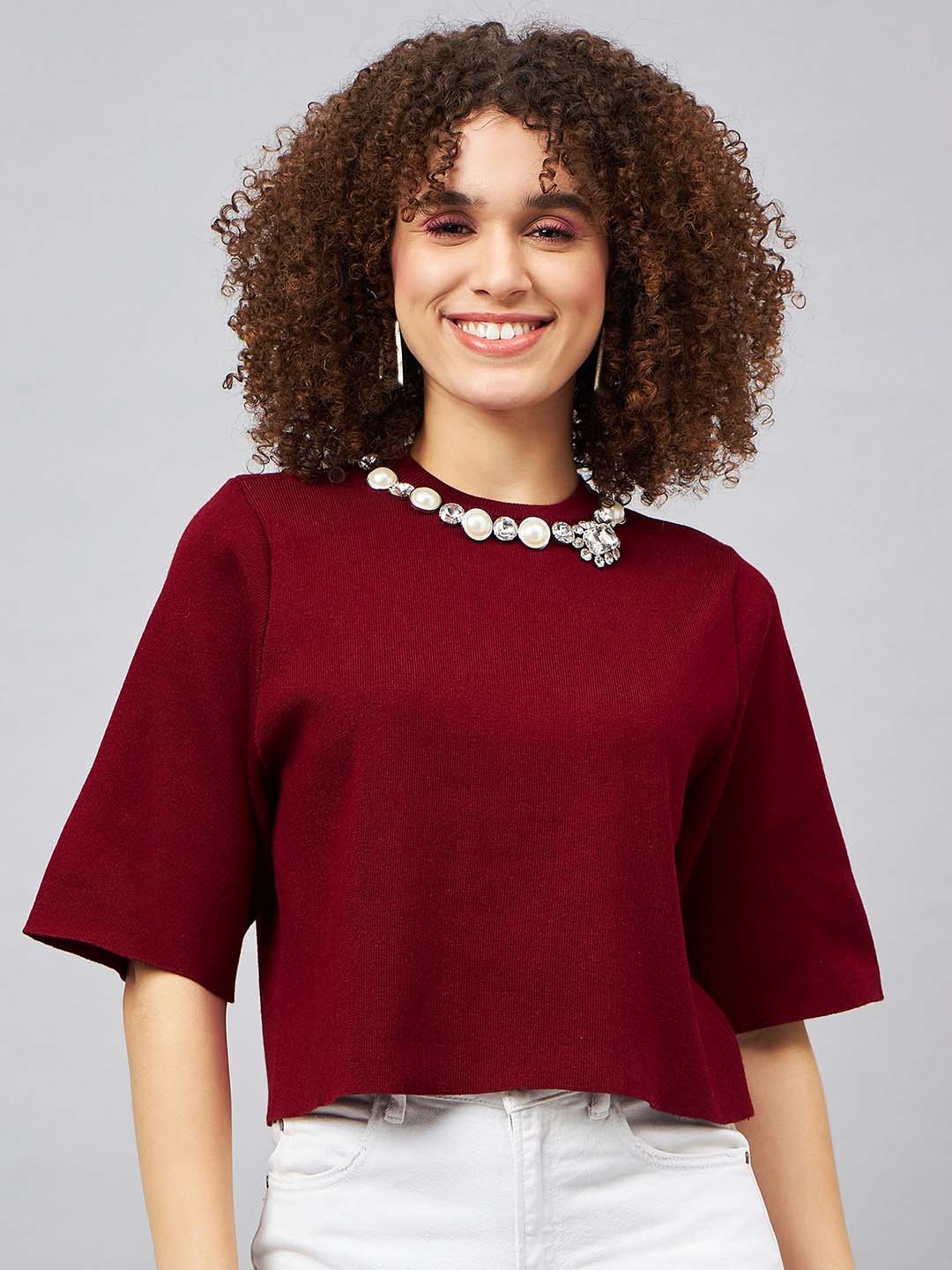 

Chemistry Jewel Neck Woollen Crop Top, Maroon