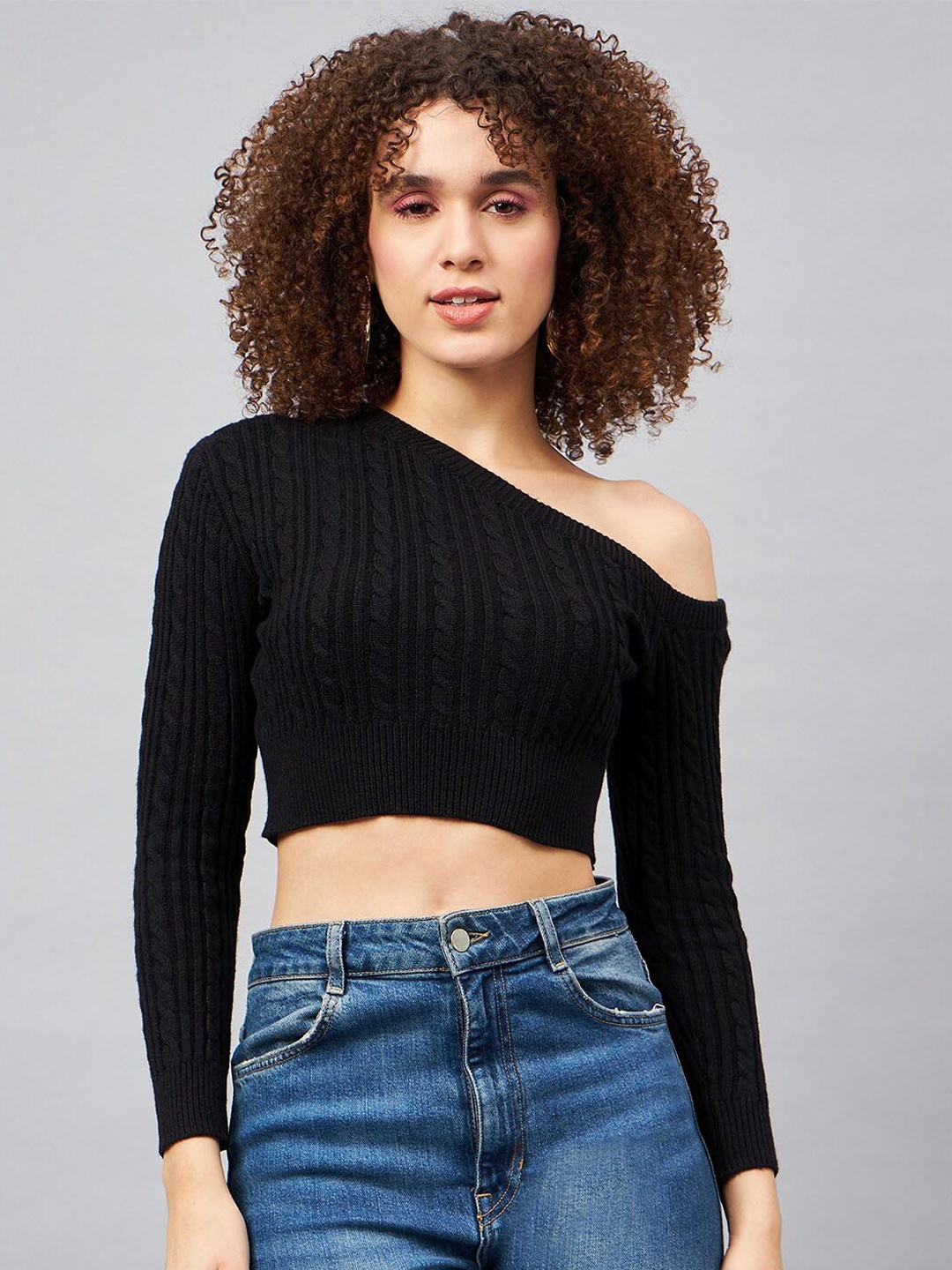 

Chemistry Ribbed One Shoulder Woollen Fitted Crop Top, Black