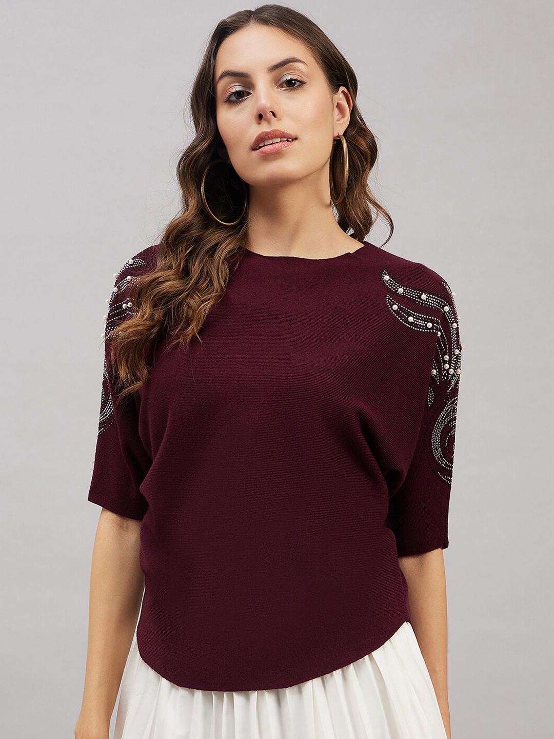 

Chemistry Ribbed Embellished Extended Sleeves Woollen Top, Maroon