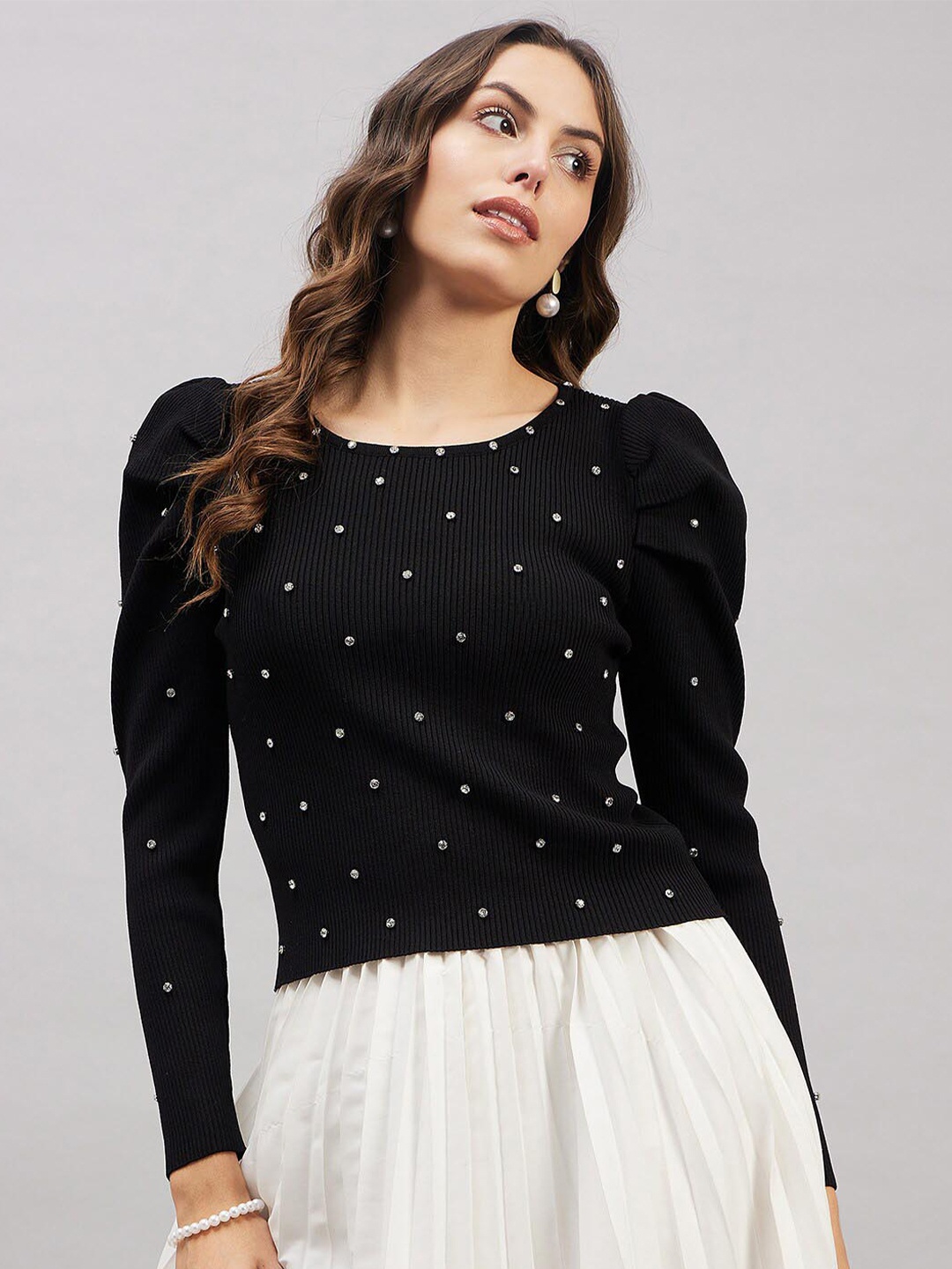 

Chemistry Embellished Ruched Sleeves Woollen Regular Top, Black