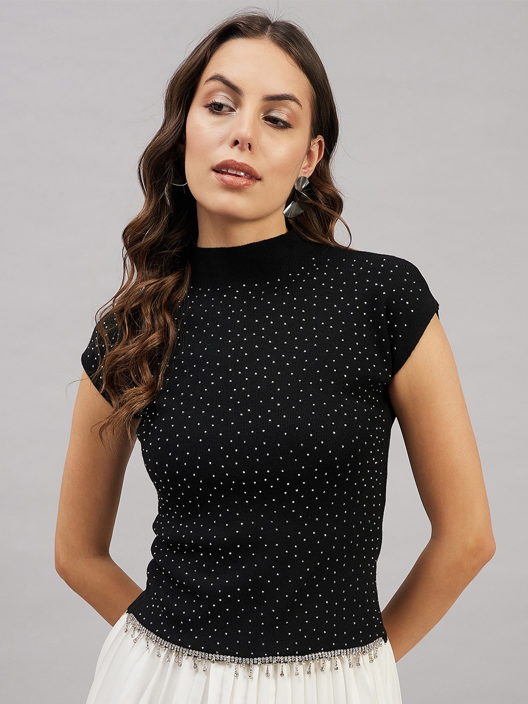 

Chemistry Polka Dot Printed Ribbed Swarovski Woollen Top, Black