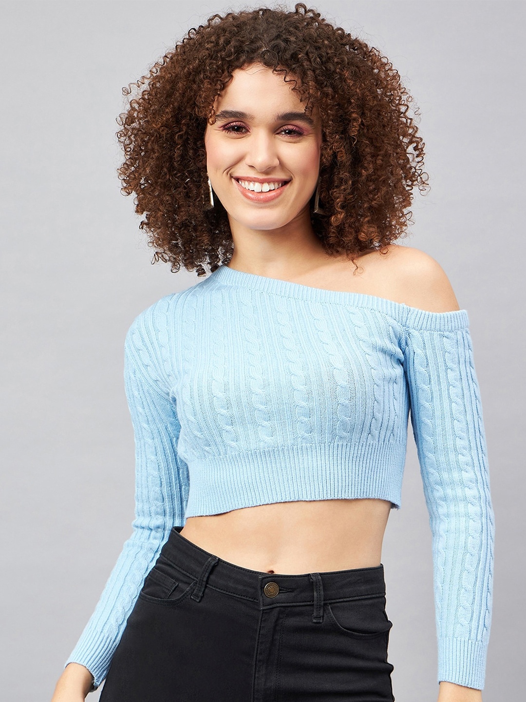 

Chemistry Self Design One Shoulder Woollen Crop Top, Blue