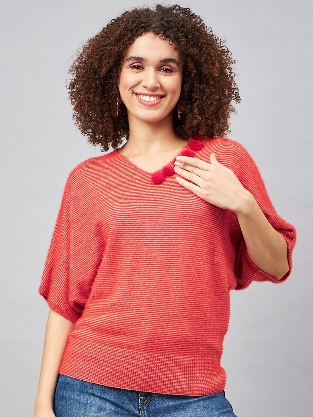 

Chemistry Self Striped Pom Pom Detail Top, Orange