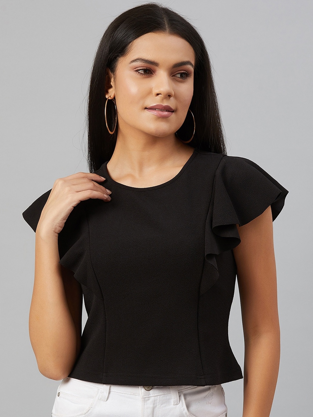 

Chemistry Round Neck Flutter Sleeves Top, Black