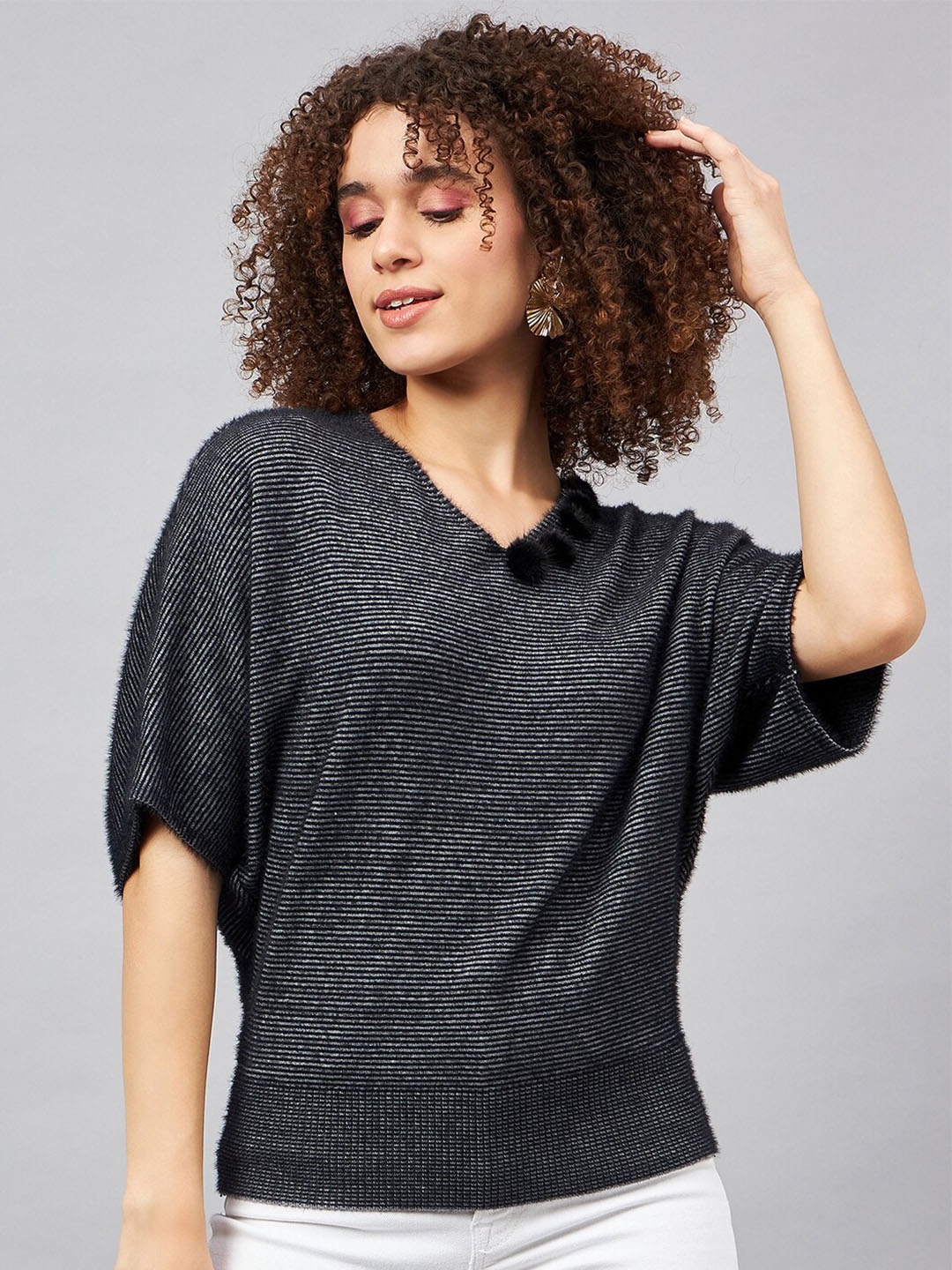 

Chemistry Striped Extended Sleeves Woollen Top, Black