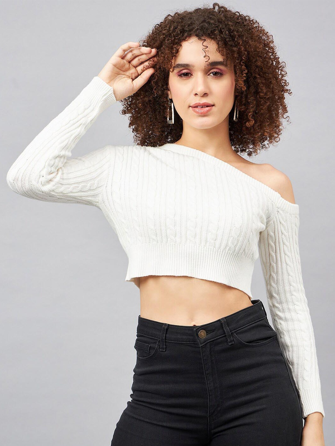 

Chemistry Self Design Off-Shoulder Woollen Fitted Crop Top, White