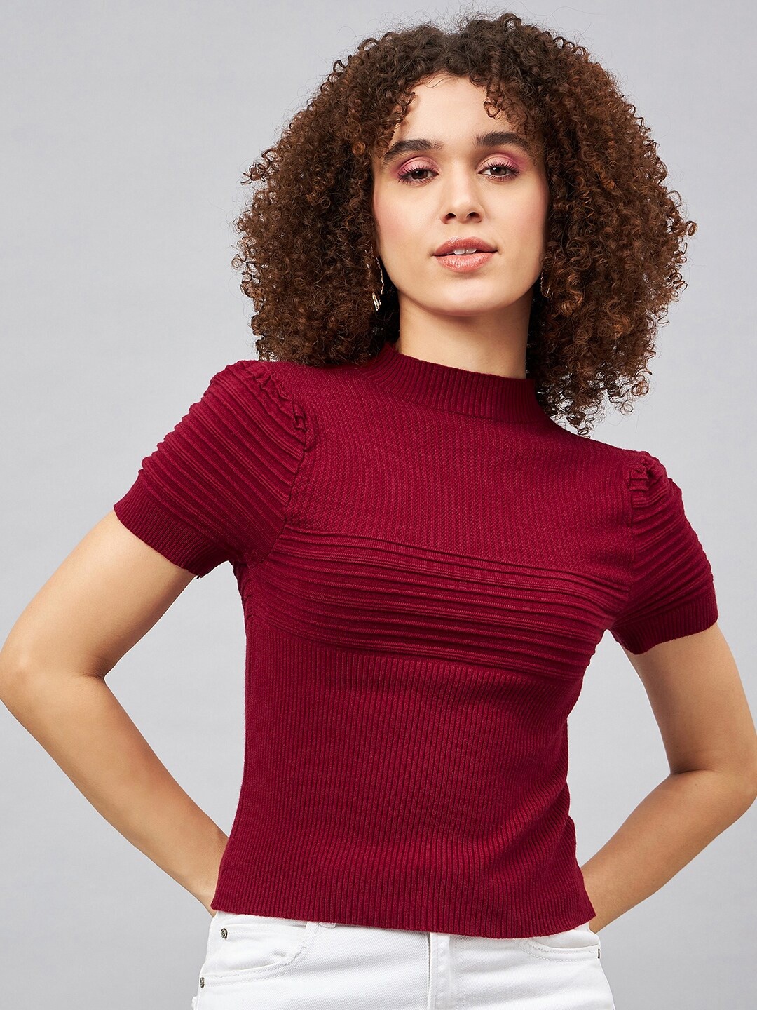 

Chemistry Ribbed High Neck Puff Sleeves Woollen Top, Maroon