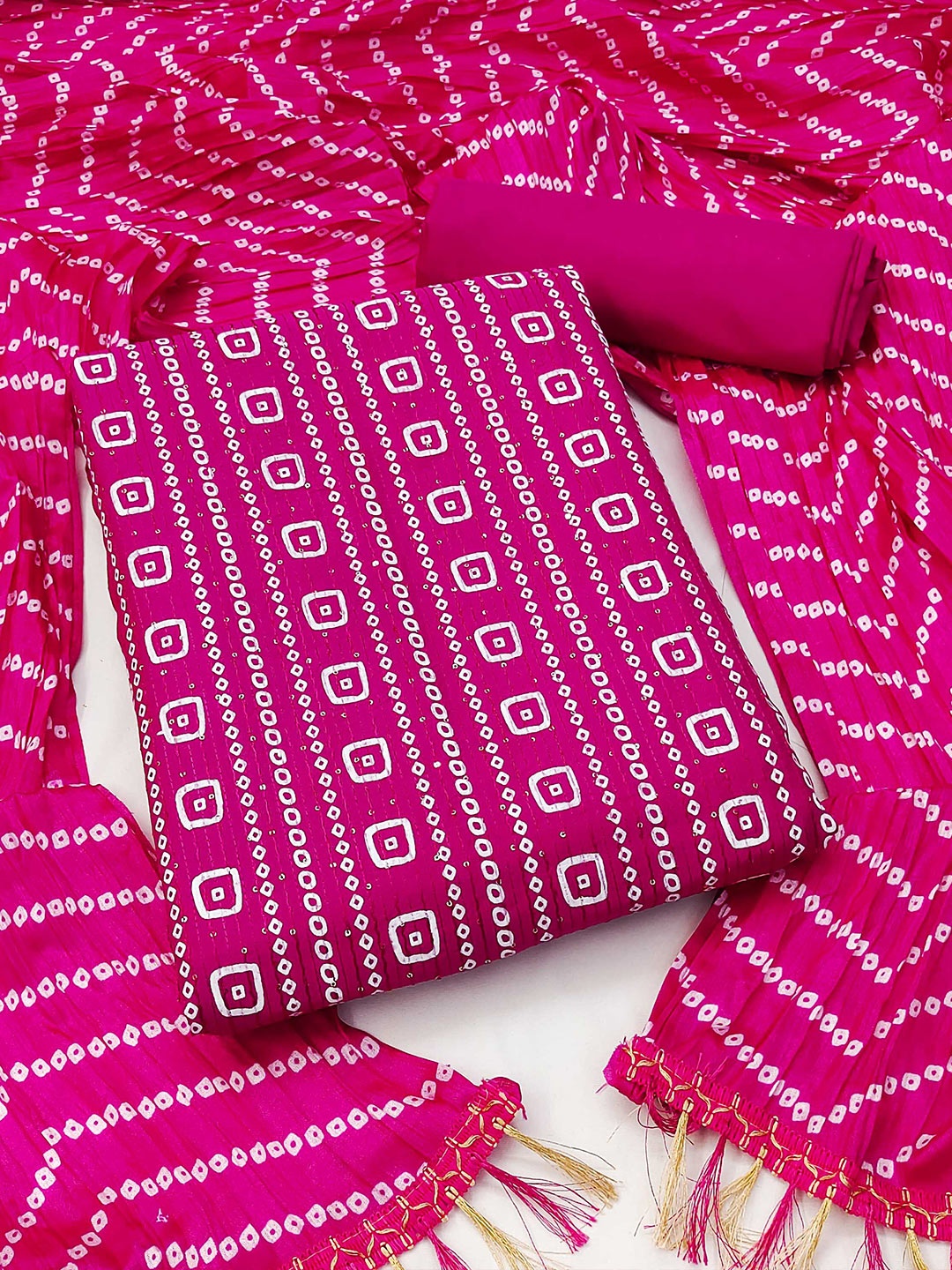 

KALINI Bandhani Printed Sequinned Unstitched Dress Material, Pink