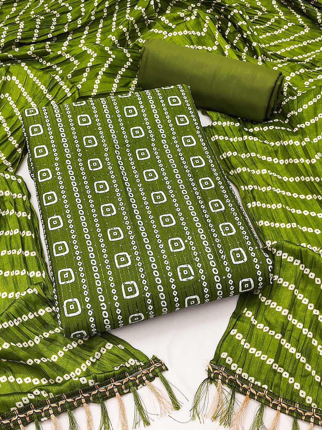 

KALINI Bandhani Printed Sequinned Detailed Pure Cotton Unstitched Dress Material, Olive