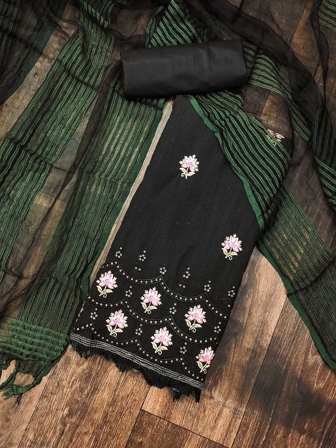 

KALINI Ethnic Motifs Embroidered Thread Work Detail Pure Cotton Unstitched Dress Material, Black