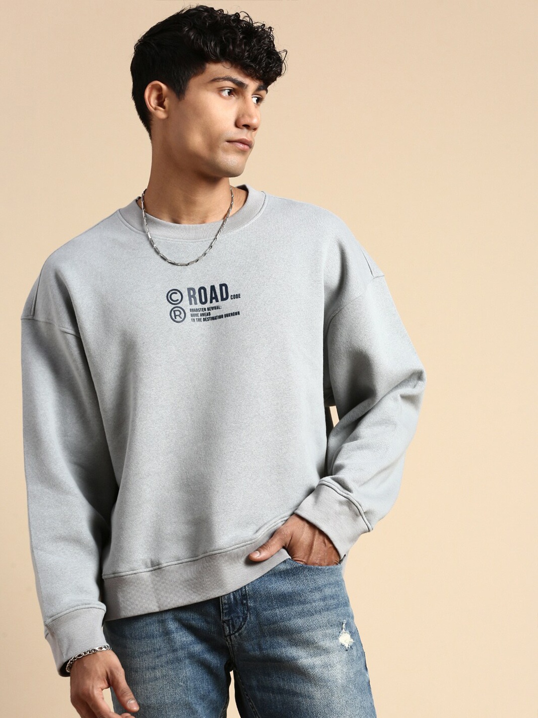 

The Roadster Lifestyle Co. Grey Typography Printed Oversized Fit Basic Sweatshirt