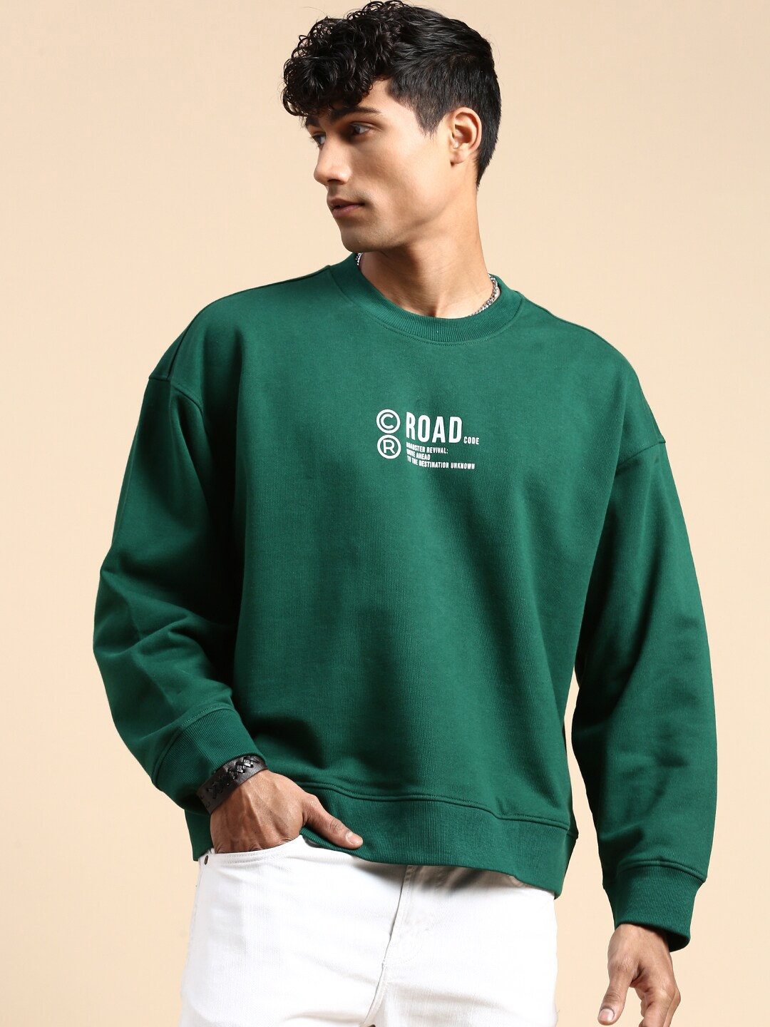 

The Roadster Lifestyle Co. Green Printed Oversized Fit Basic Pure Cotton Sweatshirt