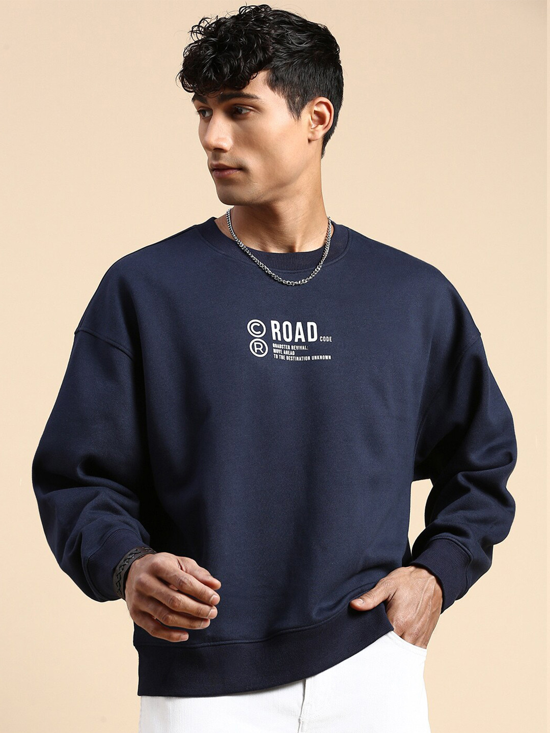 

The Roadster Lifestyle Co. Typography Printed Oversized Fit Pullover, Navy blue