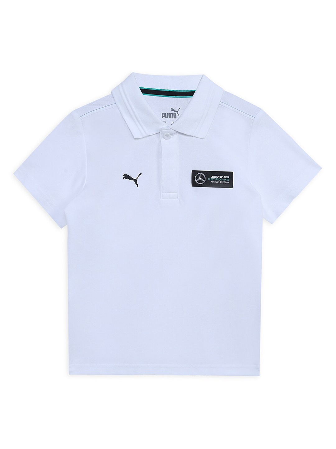 PUMA Motorsport Kids Mercedes-AMG PETRONAS Youth Pique Polo Collar Cotton T-shirt, White