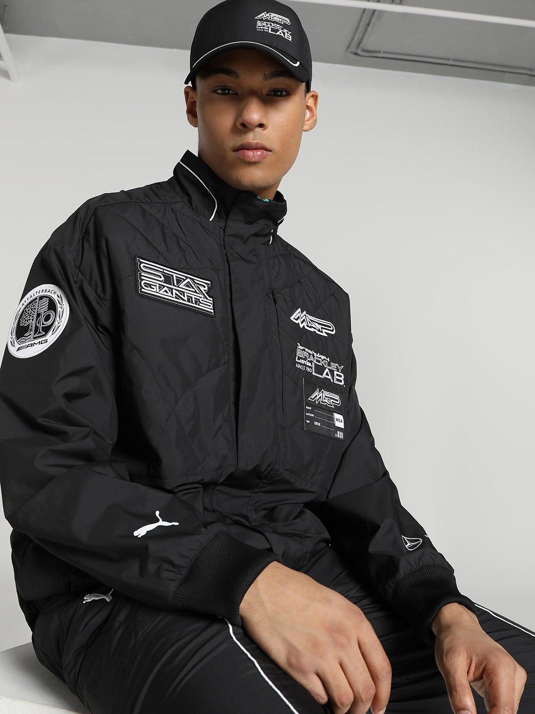 

PUMA Motorsport Typography Printed Mock Collar Open Front Jacket, Black