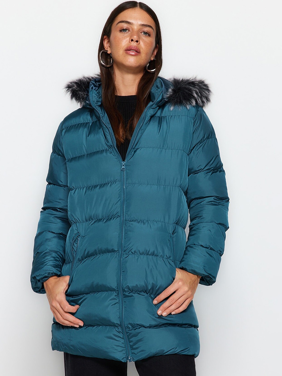 

Trendyol Hooded Faux Fur Trim Detail Longline Parka Jackets, Teal