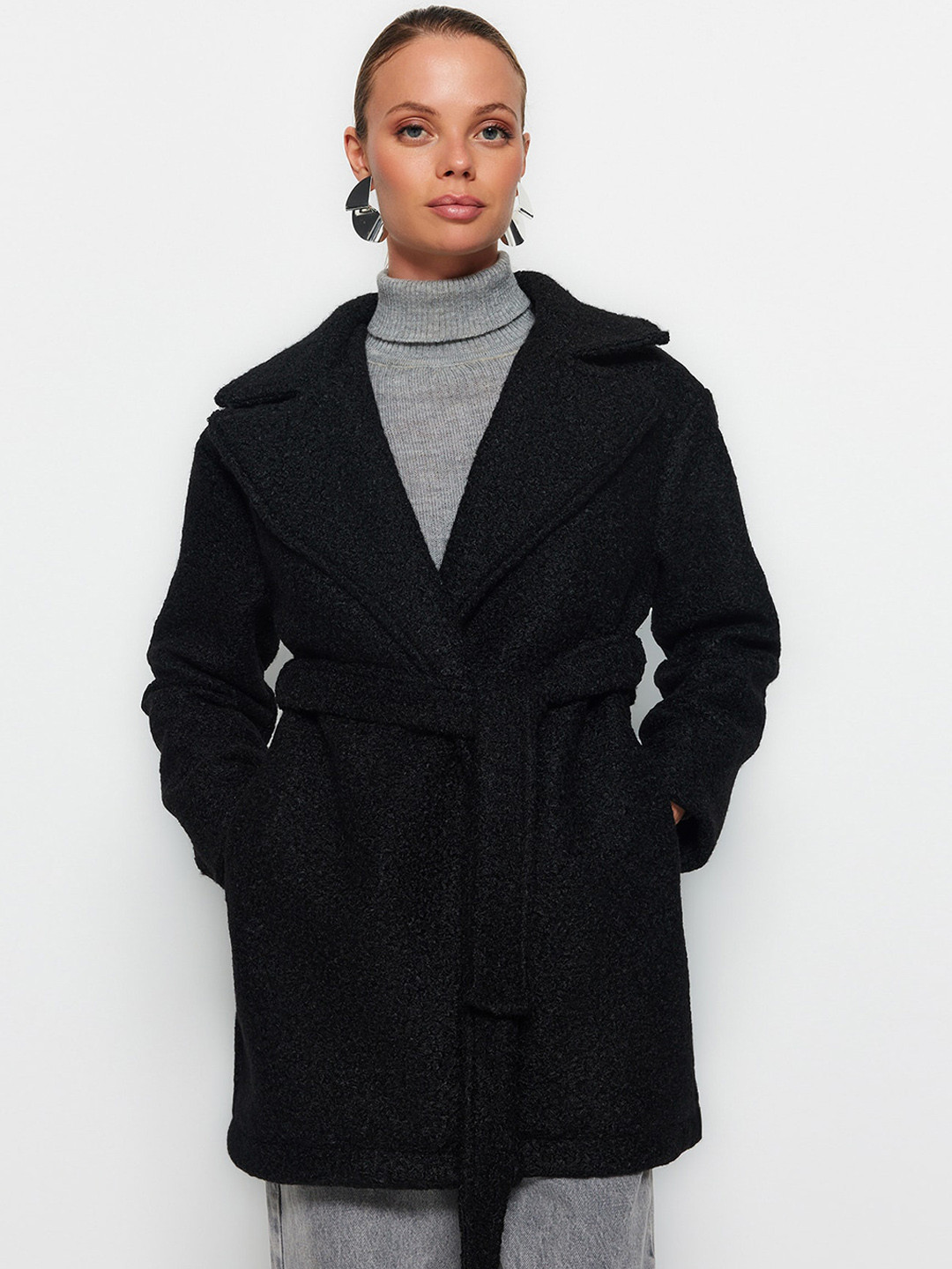 

Trendyol Self Design Notched Lapel Longline Wrapcoat, Black