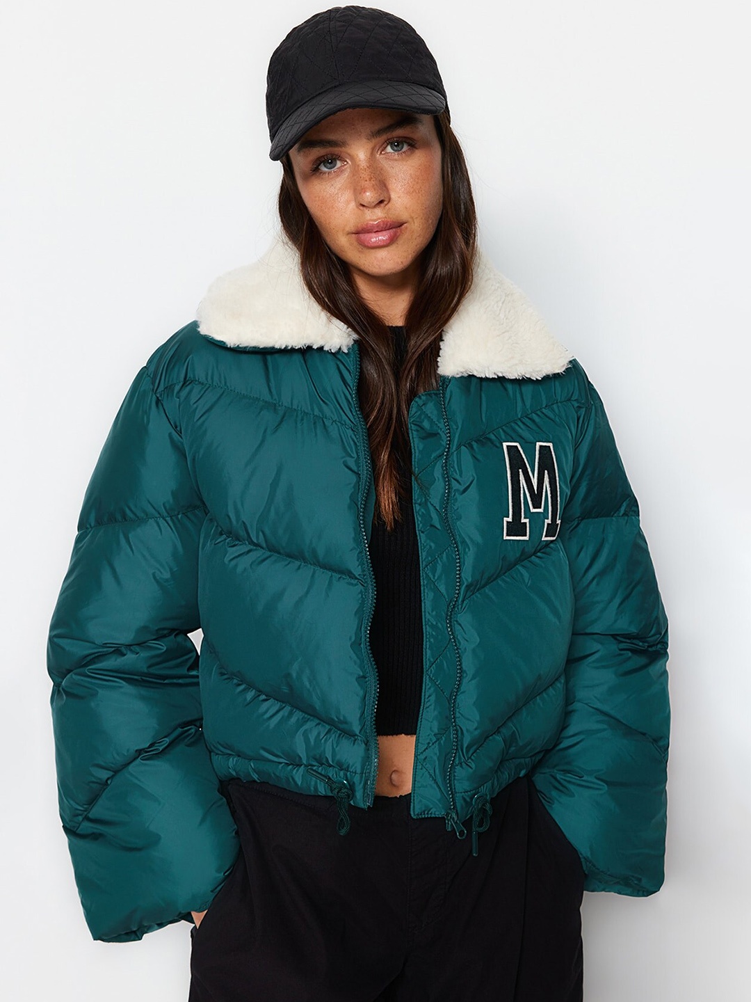 

Trendyol Mock Collar Faux Fur Trim Detail Cropped Puffer Jacket, Teal