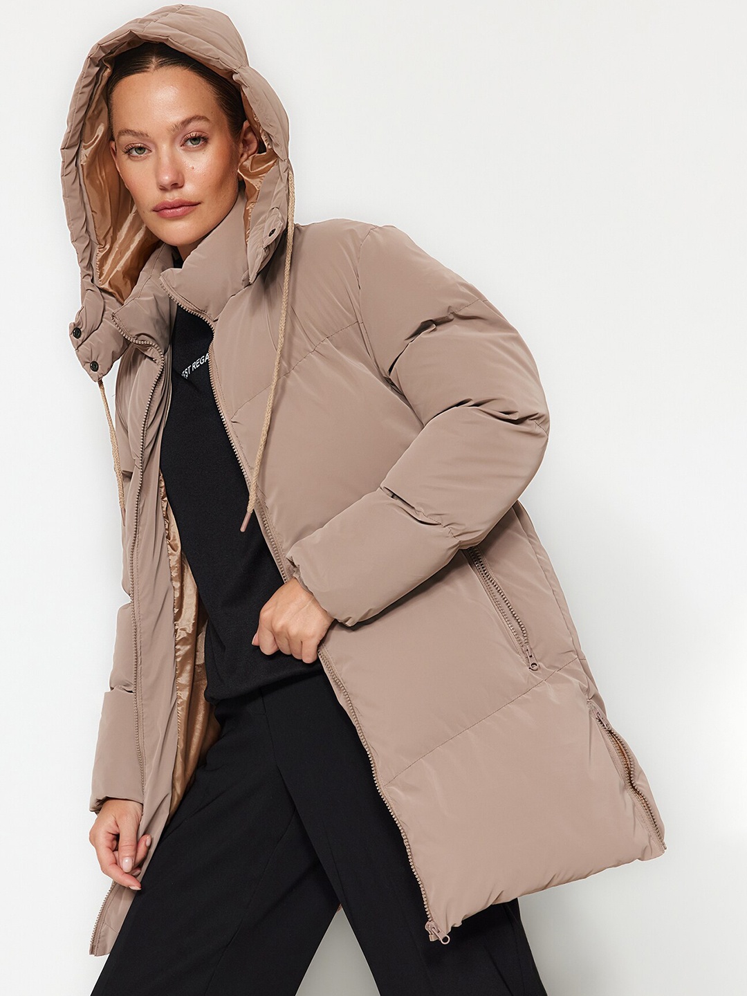 

Trendyol Hooded Longline Puffer Jacket, Brown