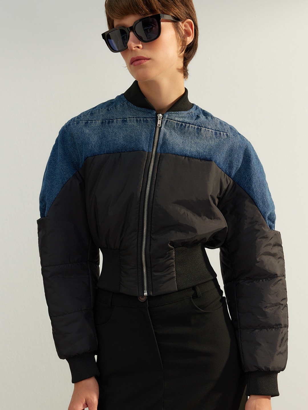 

Trendyol Colourblocked Mock Collar Bomber Jacket, Blue