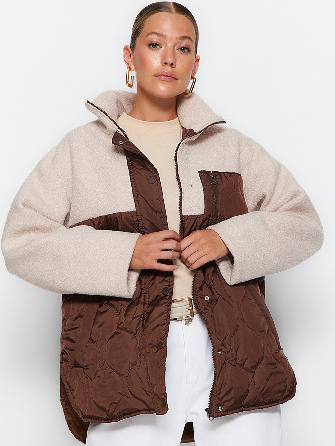 

Trendyol Colourblocked Mock-Collar Padded Jacket, Brown