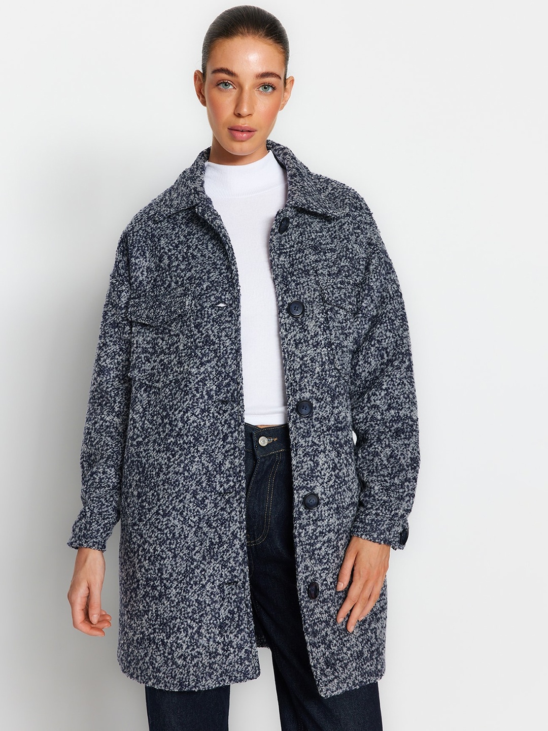 

Trendyol Self-Design Single-Breasted Spread-Collar Overcoat, Grey