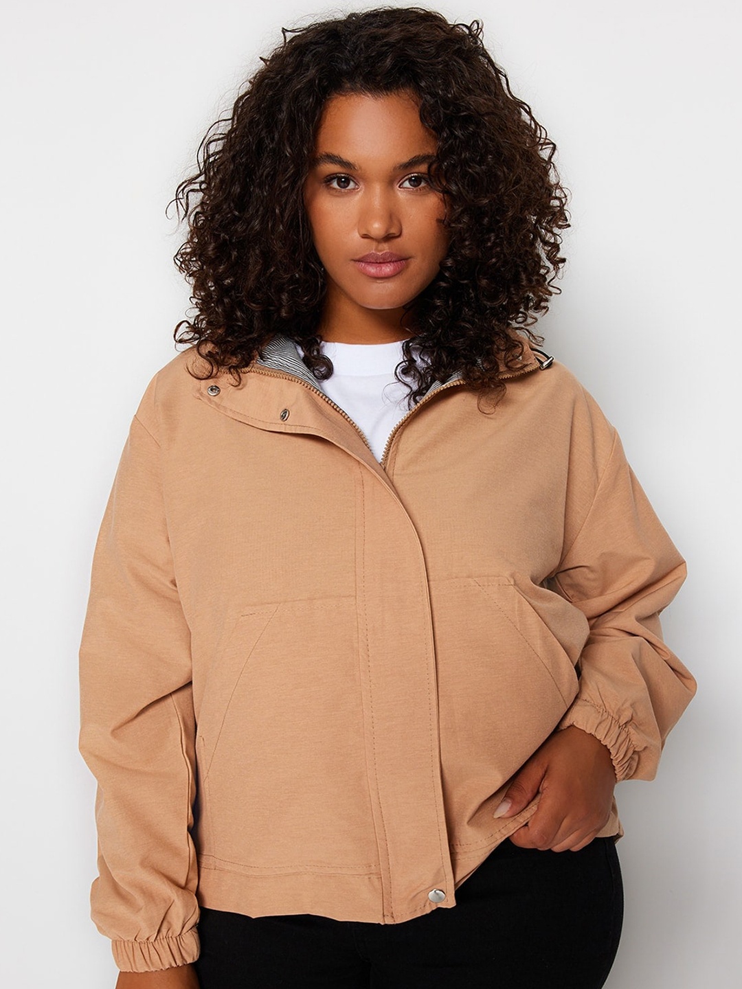 

Trendyol Hooded Cotton Bomber Jacket, Camel brown