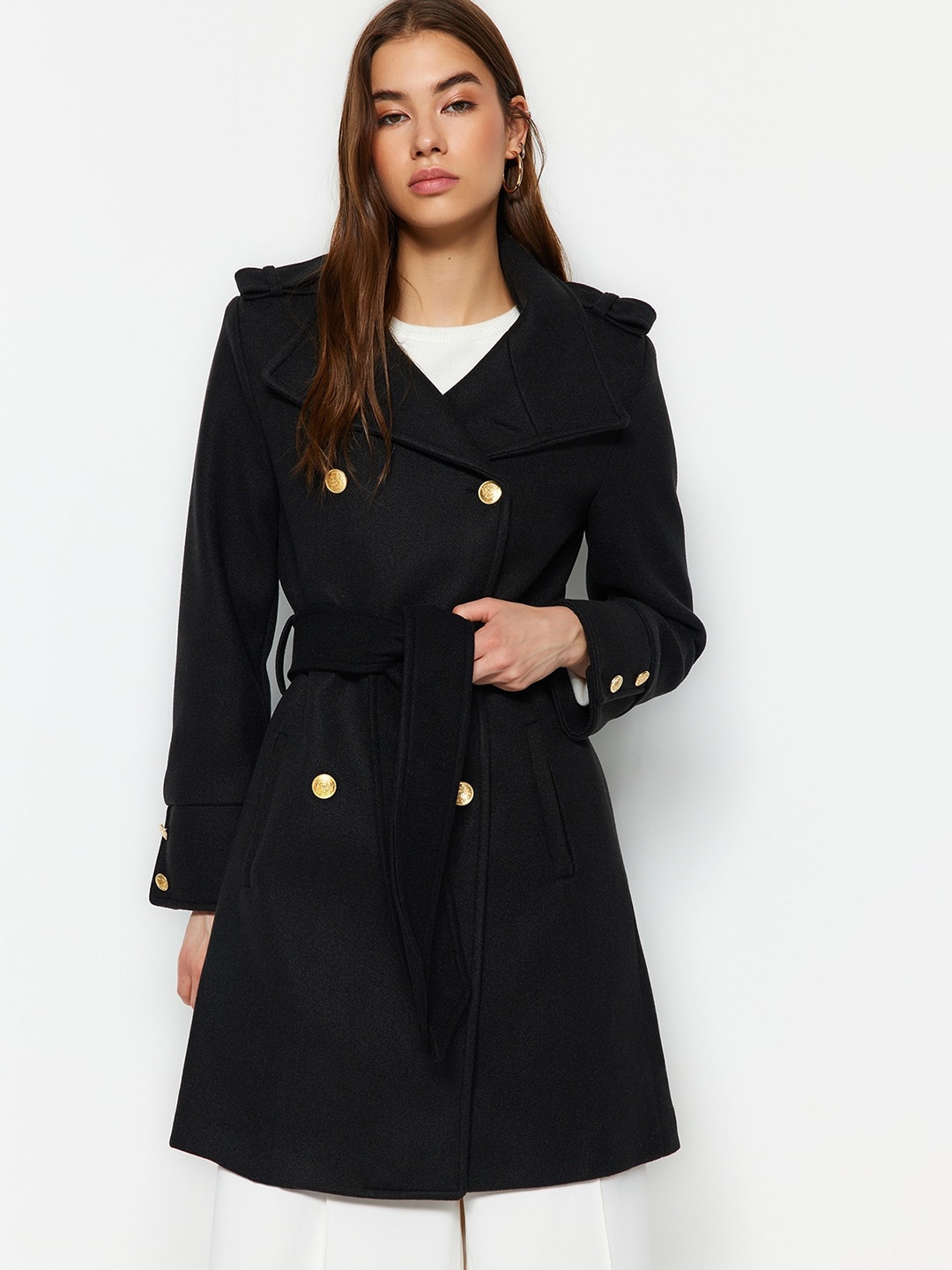 

Trendyol Double-Breasted Notched Lapel Collar Trench Coat, Black