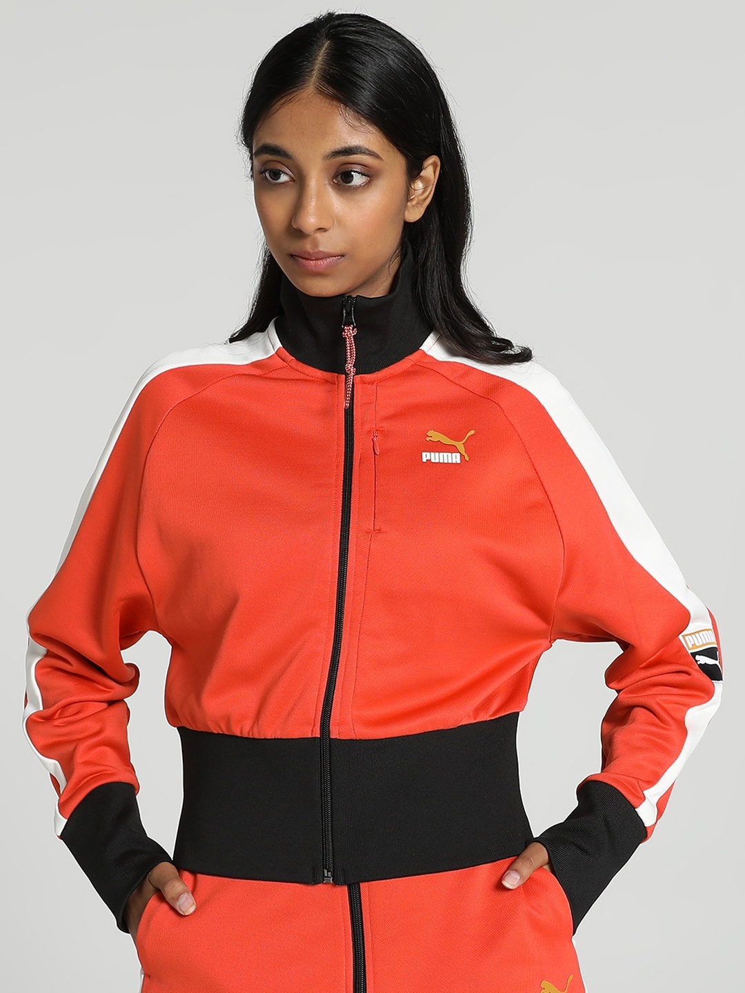 

Puma T7 Track Colourblocked Mock Collar Crop Sporty Jacket, Orange