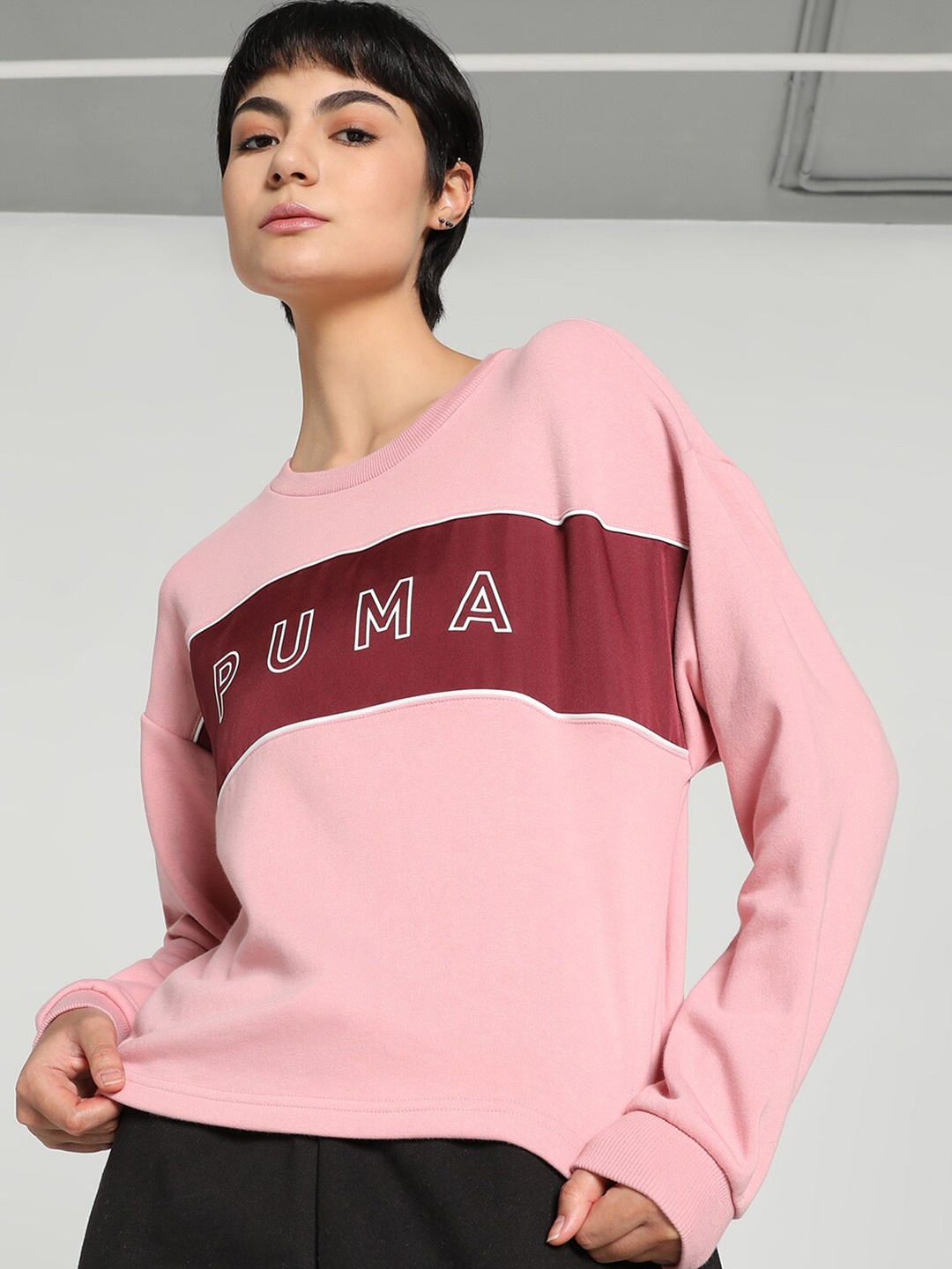 

Puma Style Cat Satin Relaxed Fit Crew Sweat Shirt, Pink