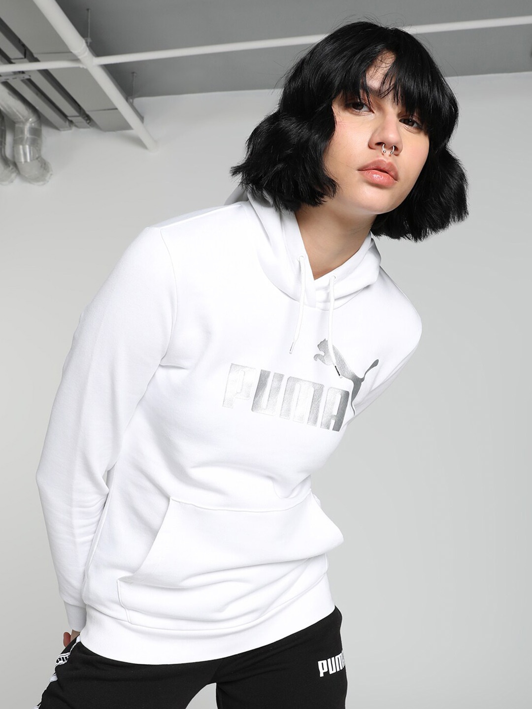 

Puma Essentials+ Metallic Logo Printed Cotton Hooded Pullover Sweatshirts, White