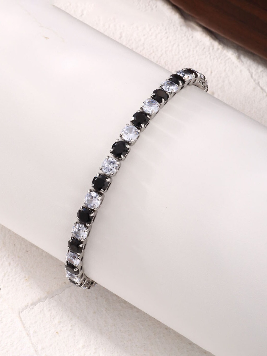 

Jewels Galaxy Brass Cubic Zirconia Studded Silver-Plated Wraparound Bracelet